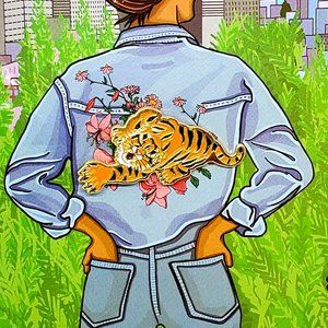 Tiger Pin Farmgirl Flowers Orange Black Enamel Pin Tie Tack Hat Pin